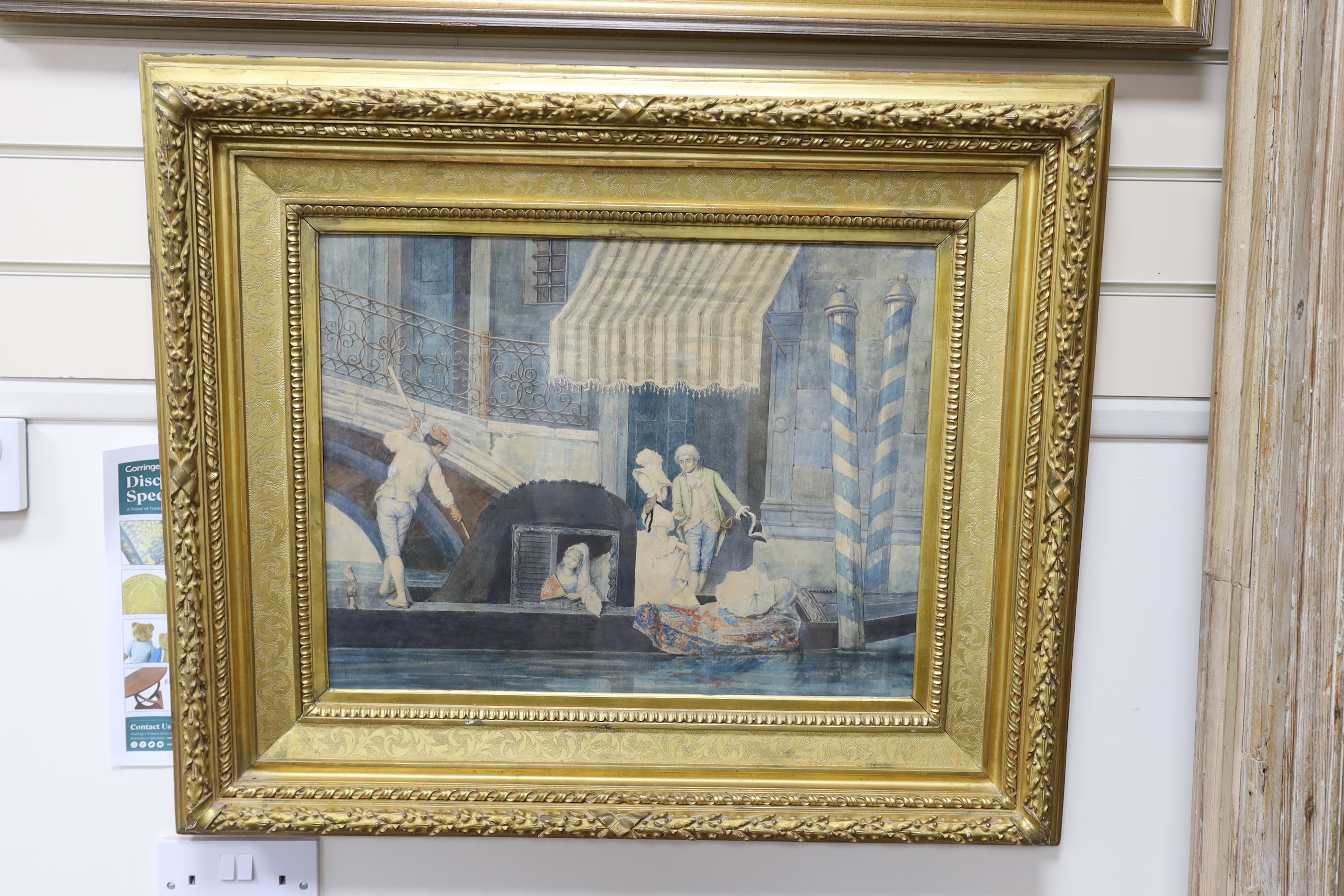 Italian School, circa 1900, watercolour, Venetian scene with gondola and figures, indistinctly signed, 39 x 52cm, ornate gilt framed